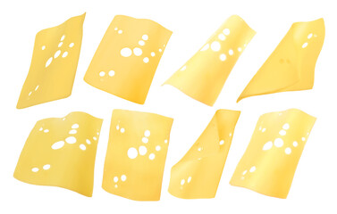 Slices of tasty cheese isolated on white, set
