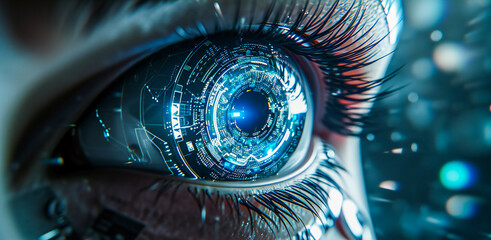 Android or cyborg woman bionic eye - obrazy, fototapety, plakaty
