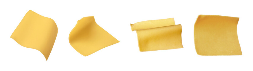 Slices of tasty cheese isolated on white, set