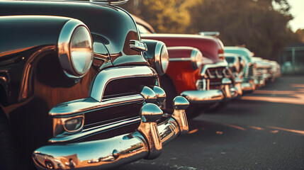 Polished vintage cars in a row, side view - obrazy, fototapety, plakaty