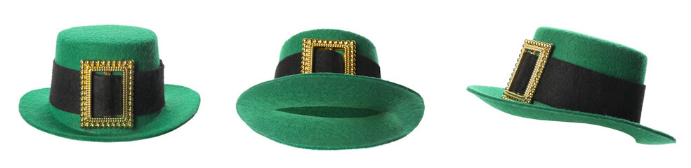 St. Patrick's Day. Green leprechaun hats isolated on white, set