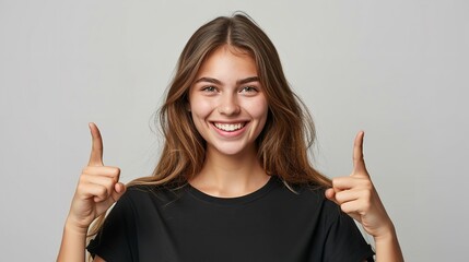 Portrait of an American woman in black t shirt indicating  two forefingers up in a clean backdrop with copy space, Generative AI. - obrazy, fototapety, plakaty