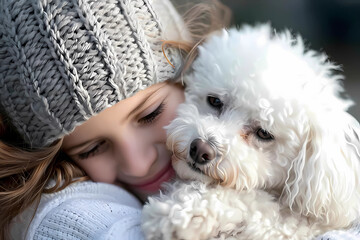 A young girl finds solace and joy as she tenderly cuddles with her Bichon Frise dog, creating a beautiful companionship and an unbreakable bond of affection and love