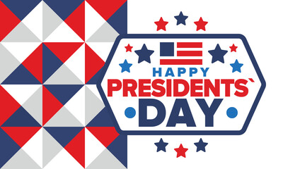 Happy Presidents day in United States. Washington's Birthday. Federal holiday in America. Celebrated in February. Patriotic american elements. Poster, banner and background. Vector illustration