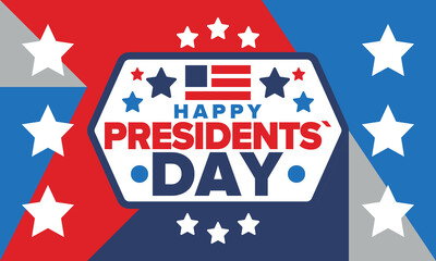 Happy Presidents day in United States. Washington's Birthday. Federal holiday in America. Celebrated in February. Patriotic american elements. Poster, banner and background. Vector illustration