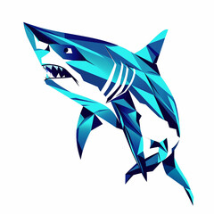 Fototapeta premium Sharp-angled geometric shark head in ocean blues, Logo on white background