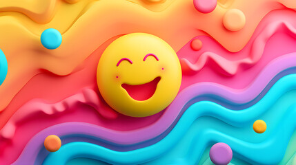 Smile face happy laugh emoji emoticon with colorful vibrant background, happiness concept - obrazy, fototapety, plakaty