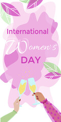 Two Hands Holding Glasses Wine Happy international women's day. Girl power. Feminism. Modern vector illustration in flat style