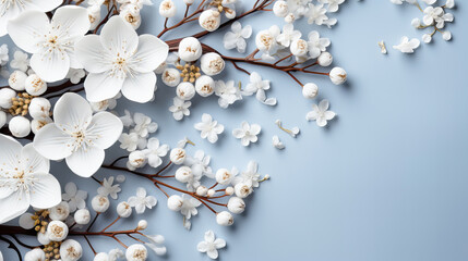 Beautiful blossoming branches on light blue background, flat lay. Space for text. Generative AI technology.