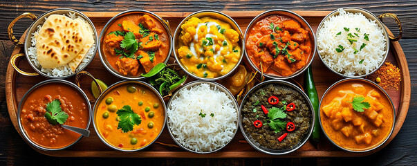 Traditional Indian thali featuring an array of spiced curries, rice, and bread on  wooden tray ,
Palak Paneer, Chiken Tikka, Biryani, Vegetable Curry, Papad, Dal, Palak Sabji, Jira Alu,Rice  Saffron
