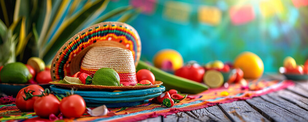 Traditional Mexican sombrero on a colorful woven fabric, set in a natural, sunlit setting , 
Cinco de Mayo Festive Background, festival holiday celebration ,Decorated vintage party symbol
