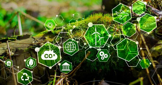 CO2 reduce emissions and carbon footprint to limit global warming and climate change. Sustainable development and green business based on renewable energy.Ecology concept .Poligonal digital icons.