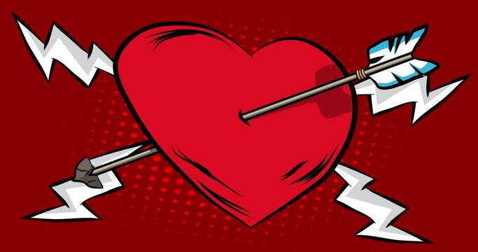 Arrow Heart, Valentine's Day Symbol. Motion poster. 4k animated Comic book message moving on abstract comics background. Retro pop art style.