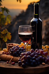 Glass of red wine, ripe grapes and bottle on table in vineyard
