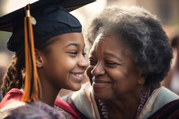 Fototapeta premium Mom congratulates her daughter in graduation cap