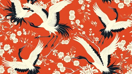 Fototapeta premium oriental pattern with cranes tile pattern background