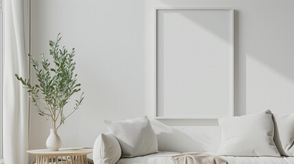 3d empty mockup frame set within a contemporary interior. Modern minimalist interior design featuring a potted plant, white sofa, and blank frame.
