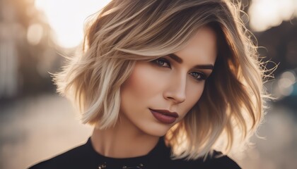 Ombre bob short hairstyle. Beautiful hair coloring woman. Trendy haircuts. Blond model - obrazy, fototapety, plakaty