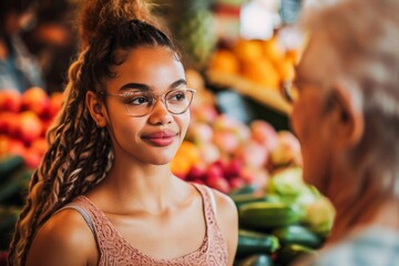 Young woman with glasses smiling and engaging in friendly conversation with senior customer at a colorful grocery market.