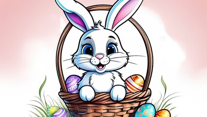 Easter coloring page. Easter Bunny with Easter egg. Black and white illustration for coloring book, line art.
