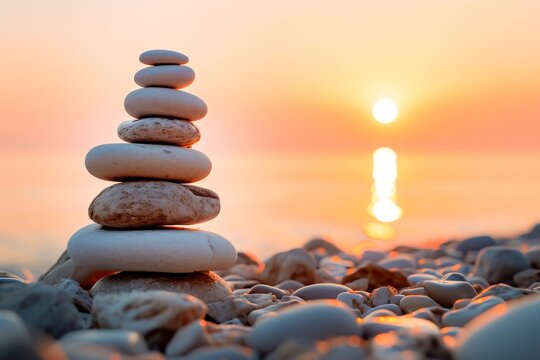 A serene image of stacked stones on a pebble beach with a beautiful sunset casting a warm glow over the tranquil scene.