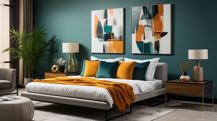 modern contemporary room interior backdrop house bedroom interior with vibrant color design decoreating with wooden frame photo artwork on feature headboard wall home design ideas concept