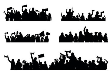 Protesters groups black silhouettes collection. Demonstrations, urban people want changed. Political meeting, opposition, vector elements