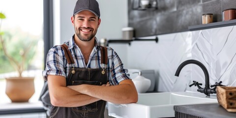 A confident smiling plumber in uniform posing in a modern bathroom setting - obrazy, fototapety, plakaty