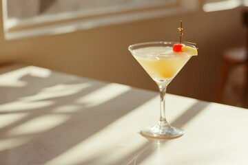 Margarita cocktail, rich and jingly texture, minimalistic elegance style, sunlight, white table in the bright bar