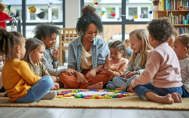 Happy sunny daycare poster. Morning circle time in a kindergarten, laughing children playing with toys, sitting on the floor with a teacher. Happy childhood banner. Diversity concept. AI Generative. - Powered by Adobe