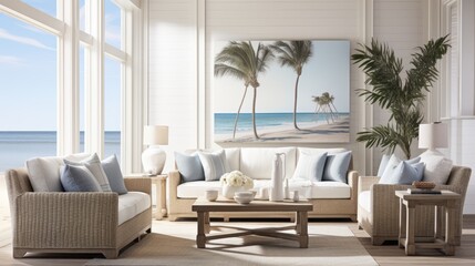 beautiful small space casual living family room soft neutral wood beams  and a gorgeous grouping of swivel color fabric chairs around a striking coffee table coastal design nature freshness home - Powered by Adobe
