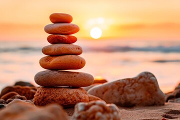 Fototapeta na wymiar A serene beach scene with stacked stones in perfect balance during a stunning sunset, embodying peace and tranquility.