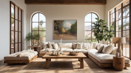 Fototapeta na wymiar beautiful small space casual living family room soft neutral wood beams and a gorgeous grouping of swivel color fabric chairs around a striking coffee table coastal design nature freshness home