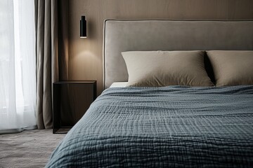close-up detail of a grey bedspread in a modern bedroom interior