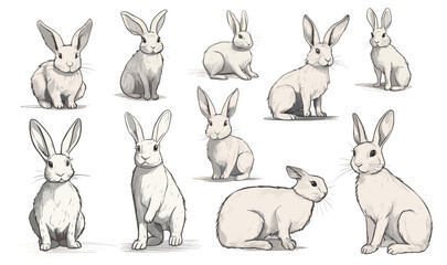 Sketch cartoon rabbits. Isolated rabbit, wild hare in different poses. Forest animals, children mascots and easter symbols, vector clipart