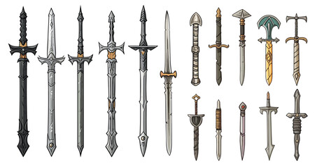Various medieval weapons. Swords cartoon sketch style isolated on white background. Metal weapon, old warrior equipment vector collection