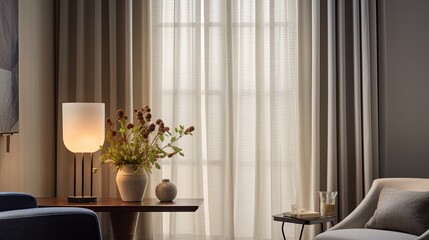 full curtains in an apartment light-colored room with subtle pops of color depth of field background. Earth-natural colors subtle pops of color high-contrasting feminine natural materials home design