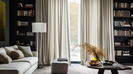 Fototapeta premium full curtains in an apartment light-colored room with subtle pops of color depth of field background. Earth-natural colors subtle pops of color high-contrasting feminine natural materials home design