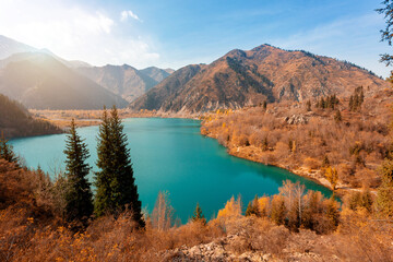 Lake and mountains. Issyk Lake in Kazakhstan
