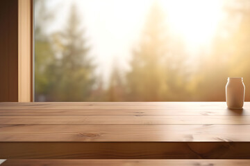 Wooden table in front of blurred city background - Ai Generated