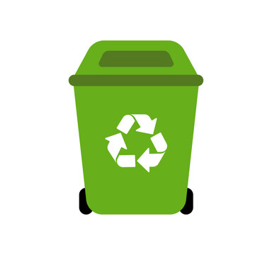 Green trash bin. Vector recycling trash can with recycling symbol illustration on white background.