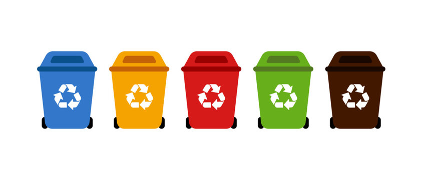 Recycling trash bins by color. Vector recycling symbols: paper, plastic, glass, metal, organic. Recycle by colors trash can illustrations on white background.