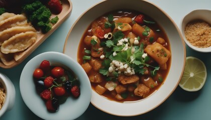 Overhead view of food served in bowl on table