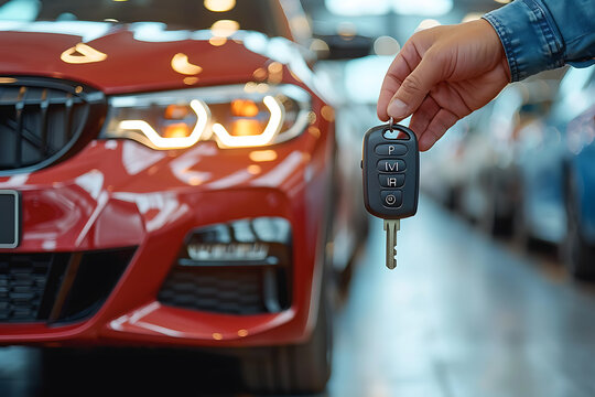  A dealer at a car dealership shows the car to the buyer and hands over the keys, the camera is distant