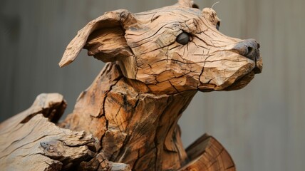 A dog sculpture carved from wood. Wooden art object of an animal with many age cracks in the wood
