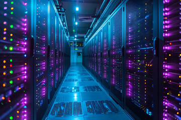 Many powerful servers running in the data center server room. Disk storage array. Modern technical hosting site - obrazy, fototapety, plakaty