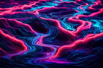 Liquid neon rivers flowing through a surreal dreamscape