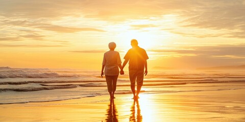 A joyful elderly couple walking on the beach enjoying a leisurely sunset
