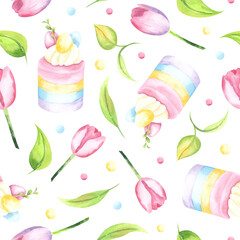 Seamless watercolor pattern. Hand drawn Easter rainbow cupcake, colored painted eggs, pink tulips on a white background. Holiday, Easter, spring.