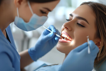 dentist gives an injection of painkiller to a female patient in the gums, dental practice concept  - obrazy, fototapety, plakaty